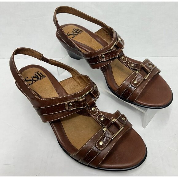 Sofft Brown Leather Slingback Ankle Strap Wedge Peep Toe Sandal Shoe 7.5W Wide - Picture 2 of 7